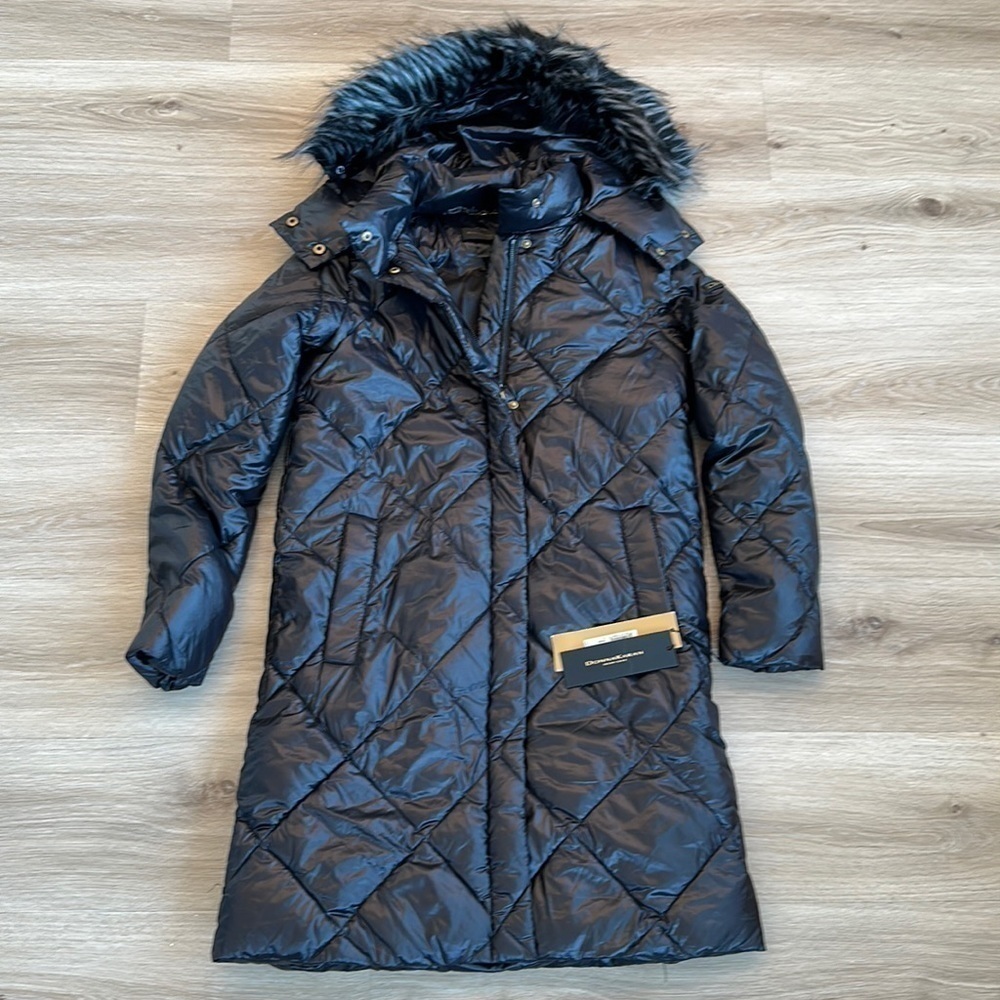Donna Karan Newyork Shine Faux Fur Trim Hooded Puffer Coat small WOMANS
